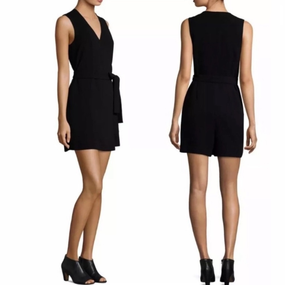 Theory Black Silk Gianna Bandit Romper, Crossover V Neck, Waist Tie Belt, Sz 00